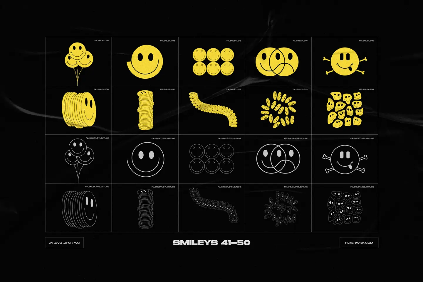 Y2K Abstract Acid smiley icons set 41 to 50 vector collection preview