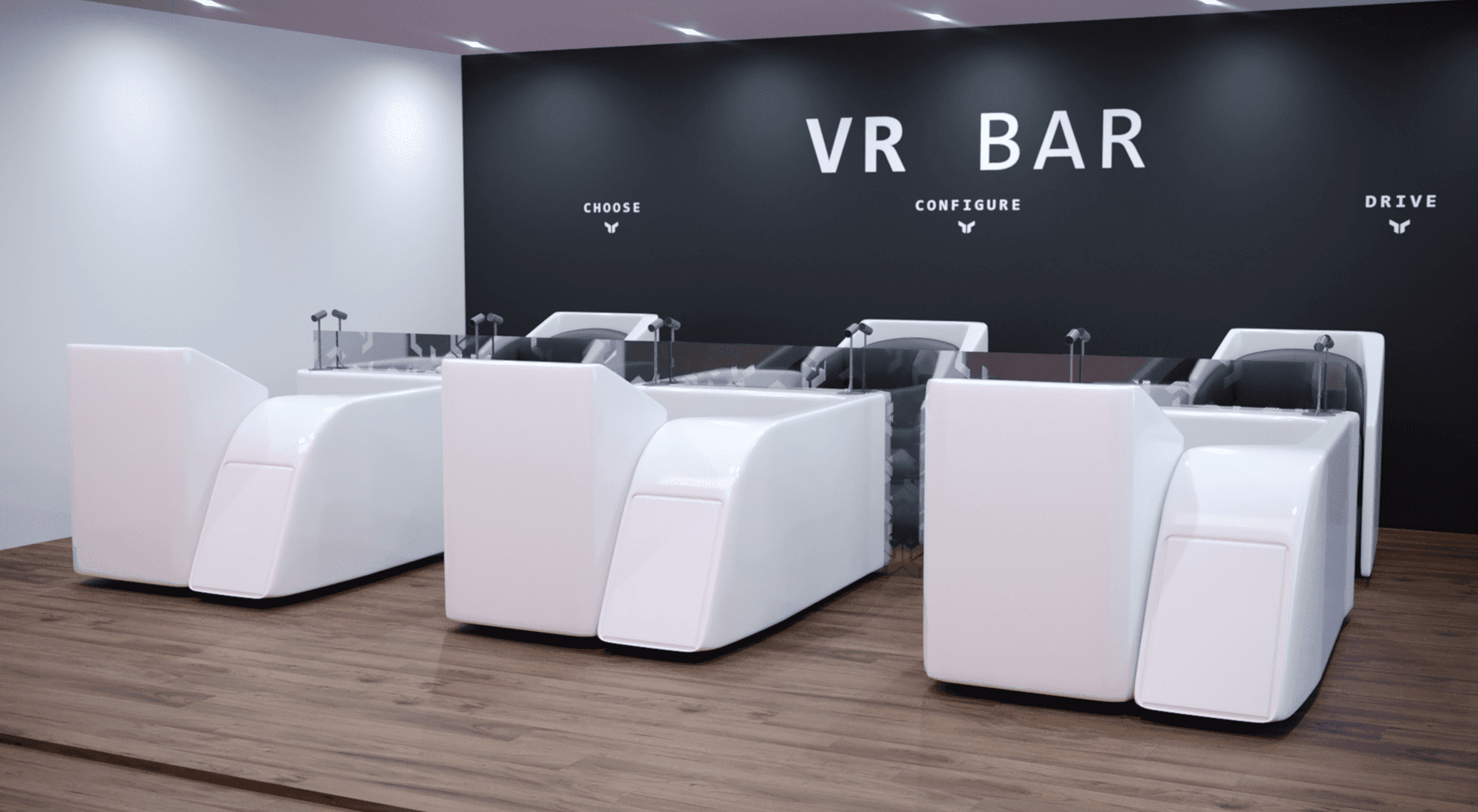 A modern VR bar features sleek white seating pods on a wooden floor, positioned in front of a black wall with the words "VR BAR" and icons labeling "CHOOSE," "CONFIGURE," and "DRIVE."