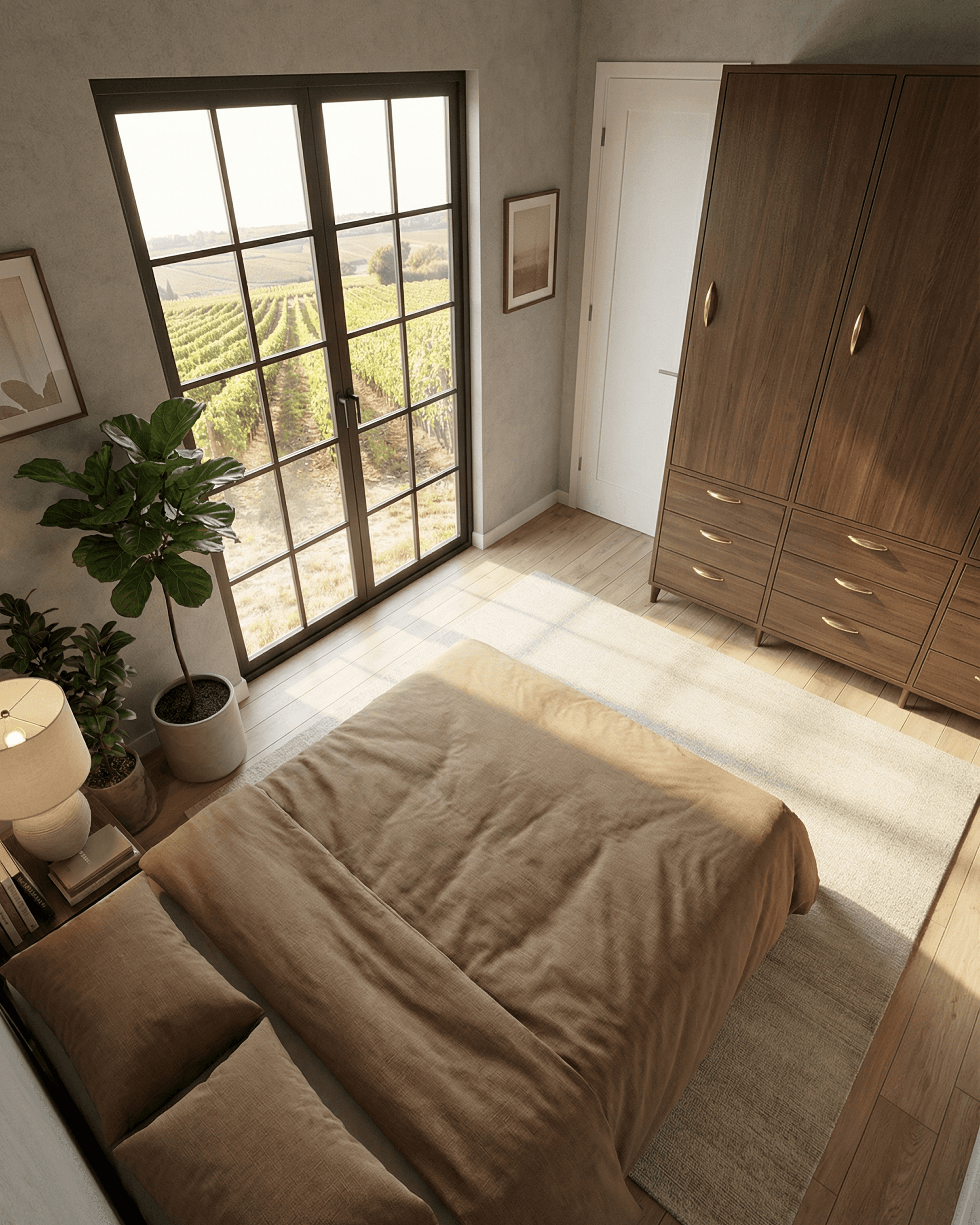 Cozy cabin bedroom viewed from above with large black-framed glass door, walnut wardrobe, beige bedding, light rug, and vineyard views outside.