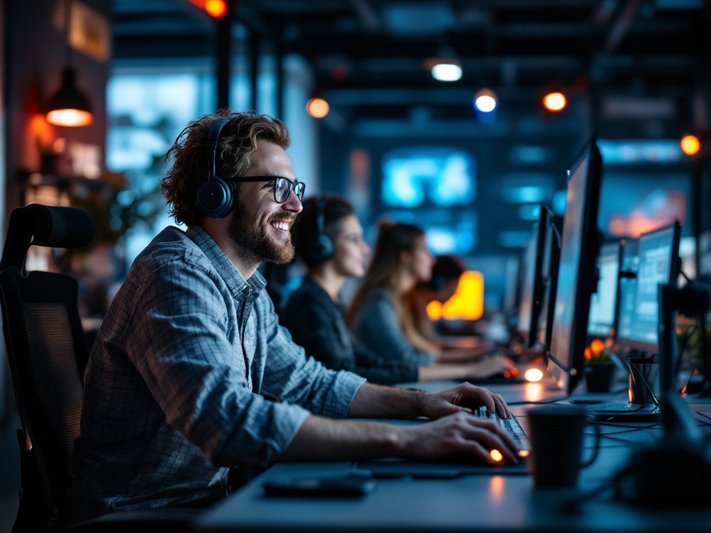 A man wearing headphones smiles while working on a computer in an office.
