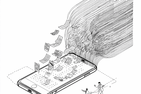 Line drawing of legal notices streaming out of a smartphone in a long ribbon, suggesting how much notice traffic now arrives on mobile.