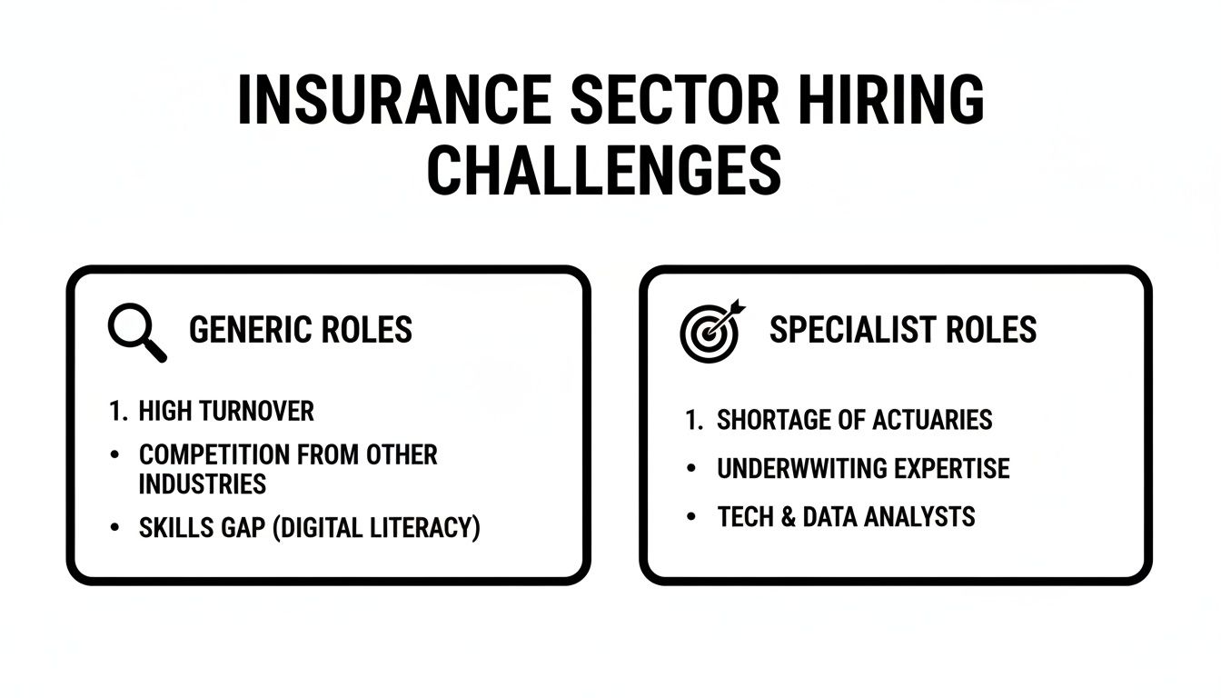 Infographic details insurance sector hiring challenges, including high turnover, skills gaps, and shortage of specialists.