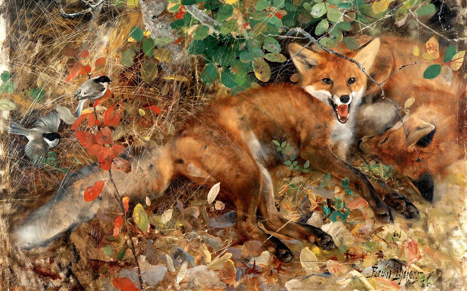 狐狸和鸟在森林景观中，布鲁诺·利尔耶福斯在小皇宫的展览。