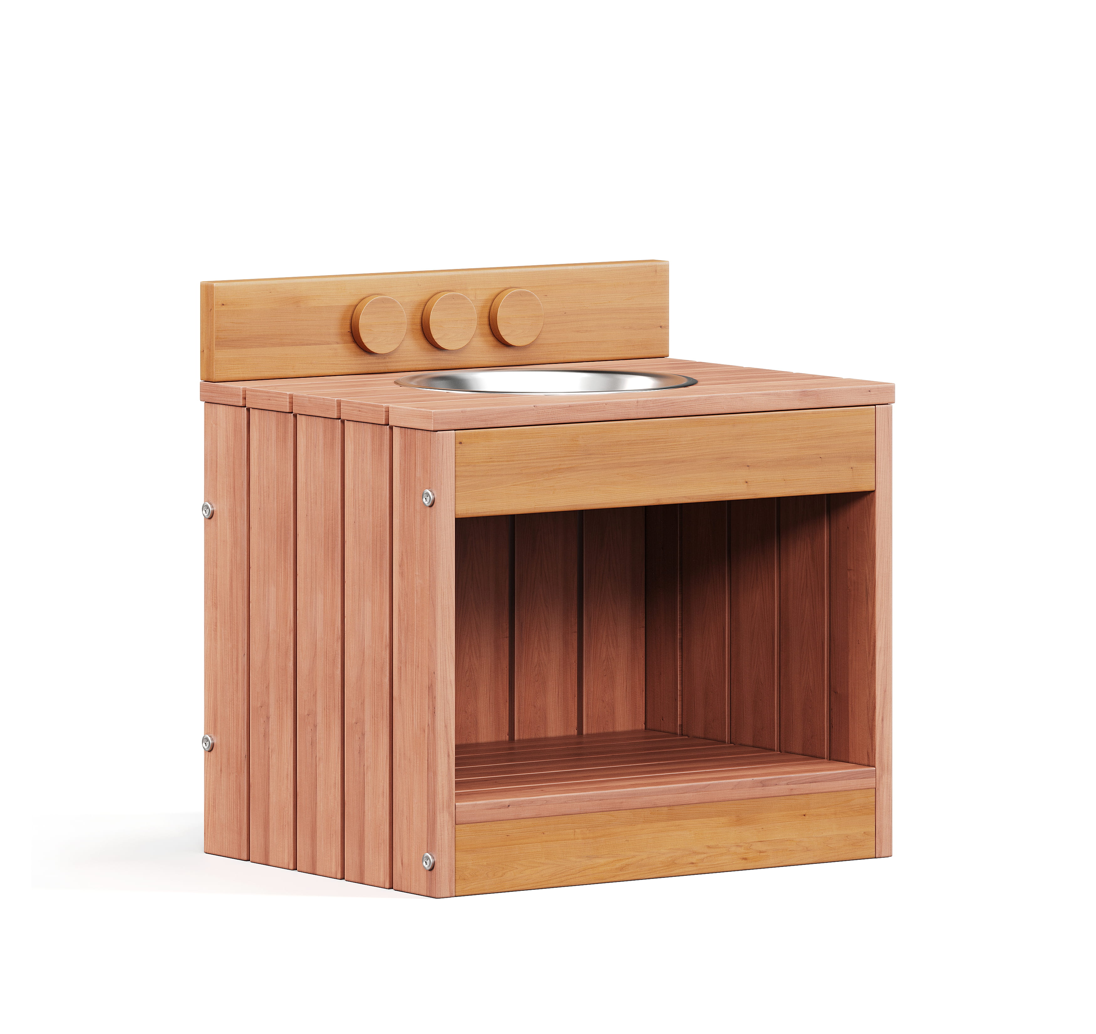 3D render of compact wooden kitchen unit with sink cutout and open storage shelf