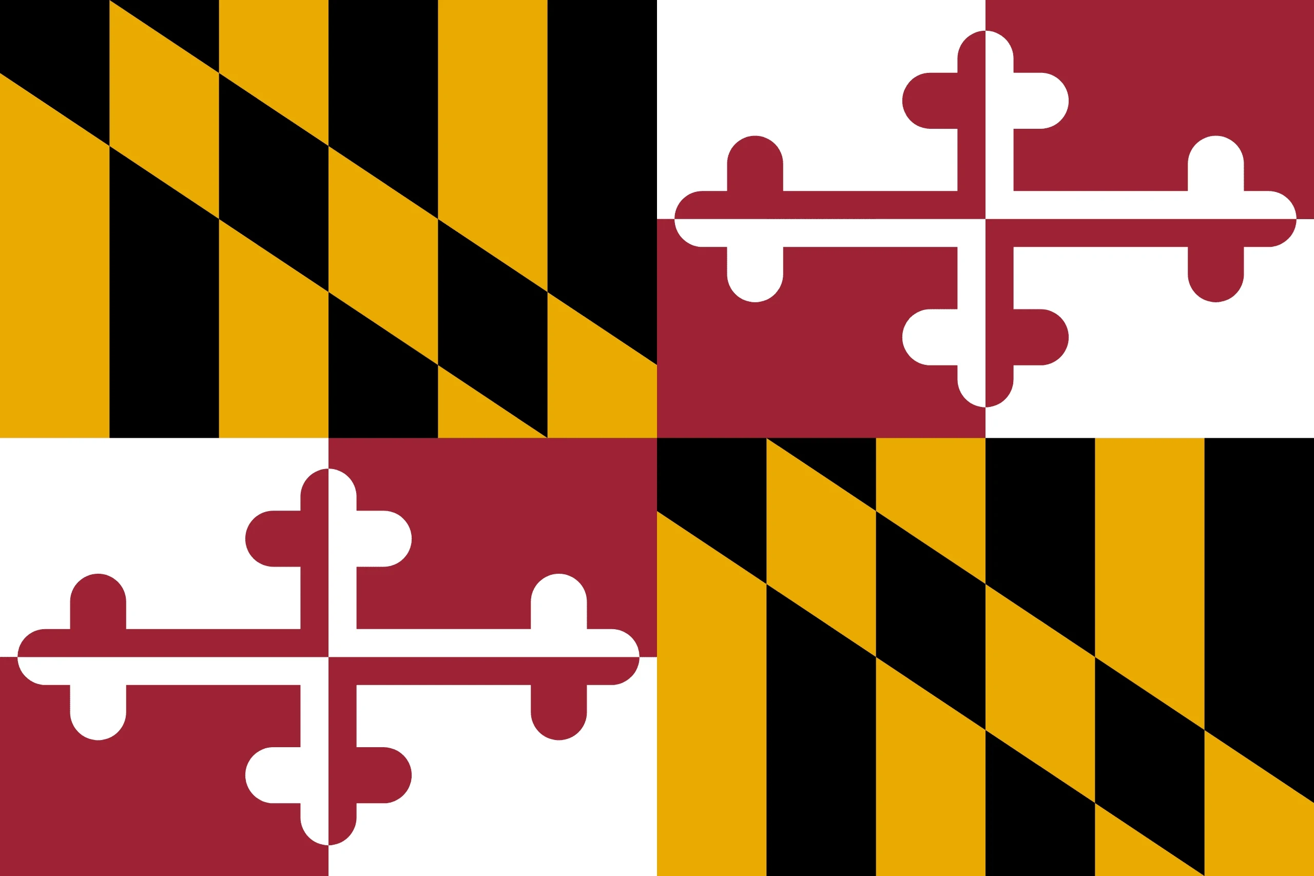 Flag featuring quarters with black and gold diagonal stripes and red and white cross designs. Represents Maryland's state heritage and history.