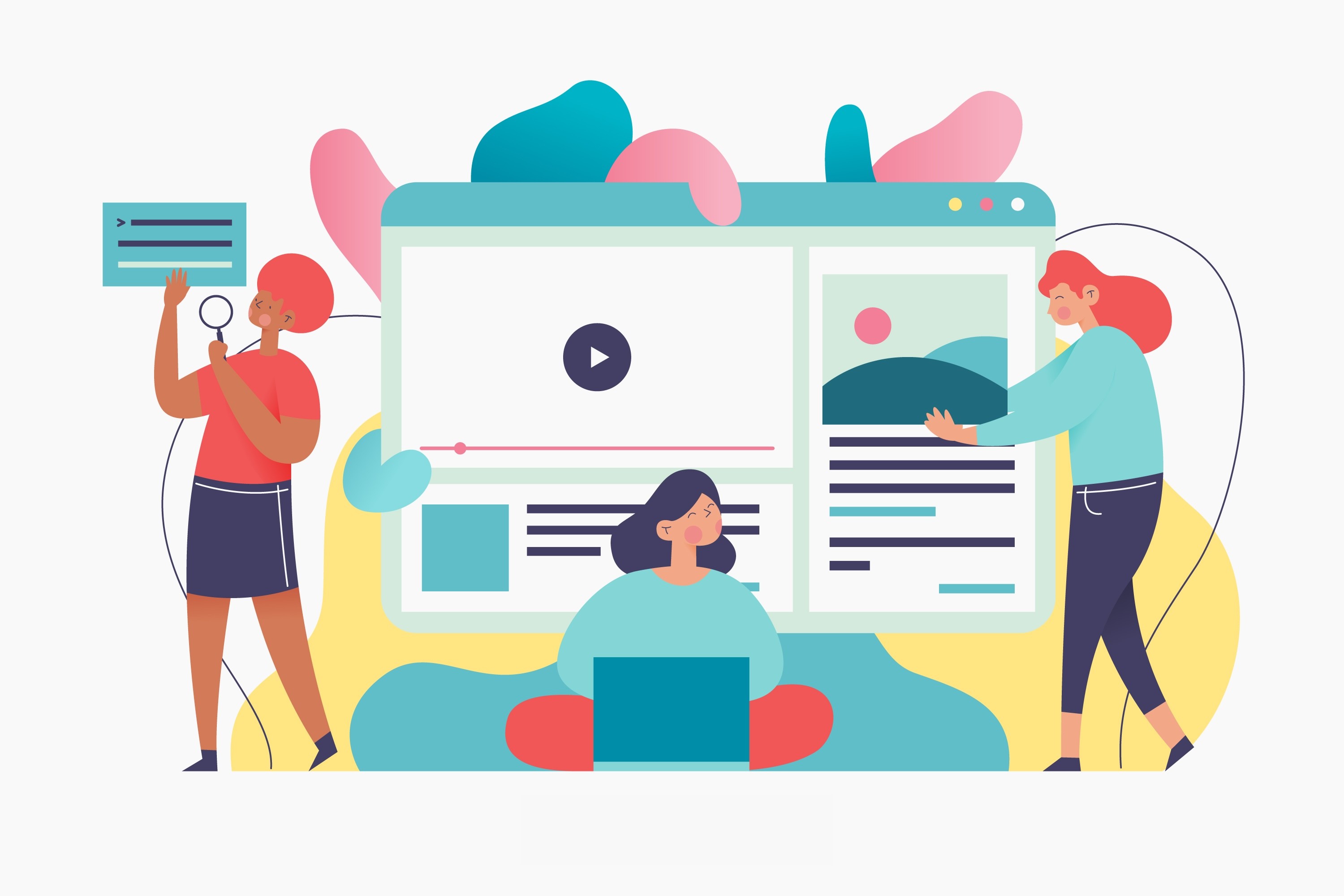 Illustration of three people organizing a webpage layout with a video player, text blocks, and images arranged in a clear visual hierarchy, representing logical content structure and information flow in web design.