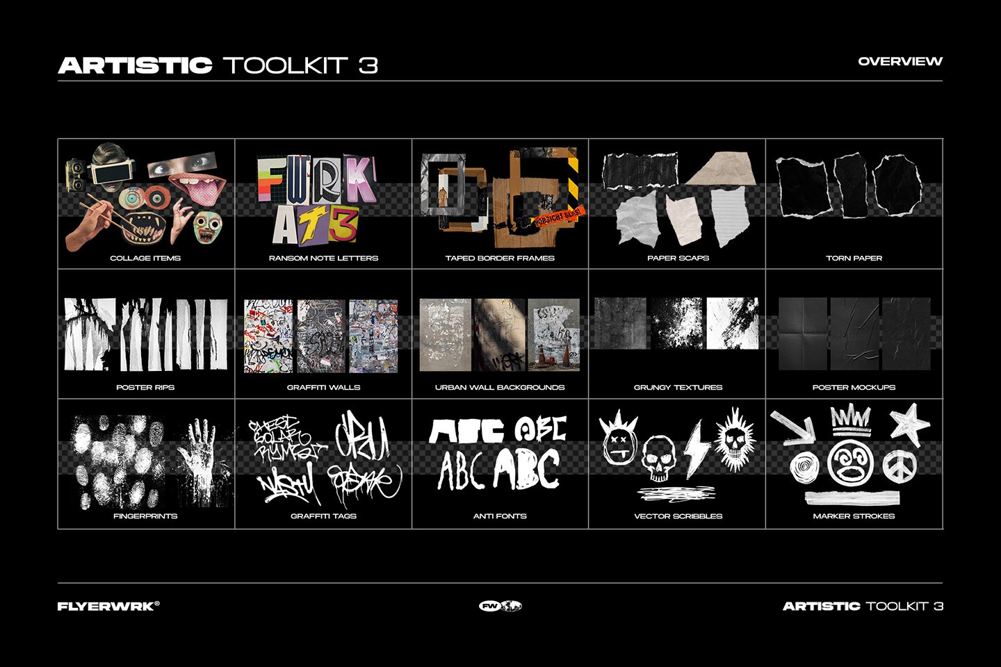 Artistic Toolkit 3 overview showing collage assets, graffiti textures, fonts and frames