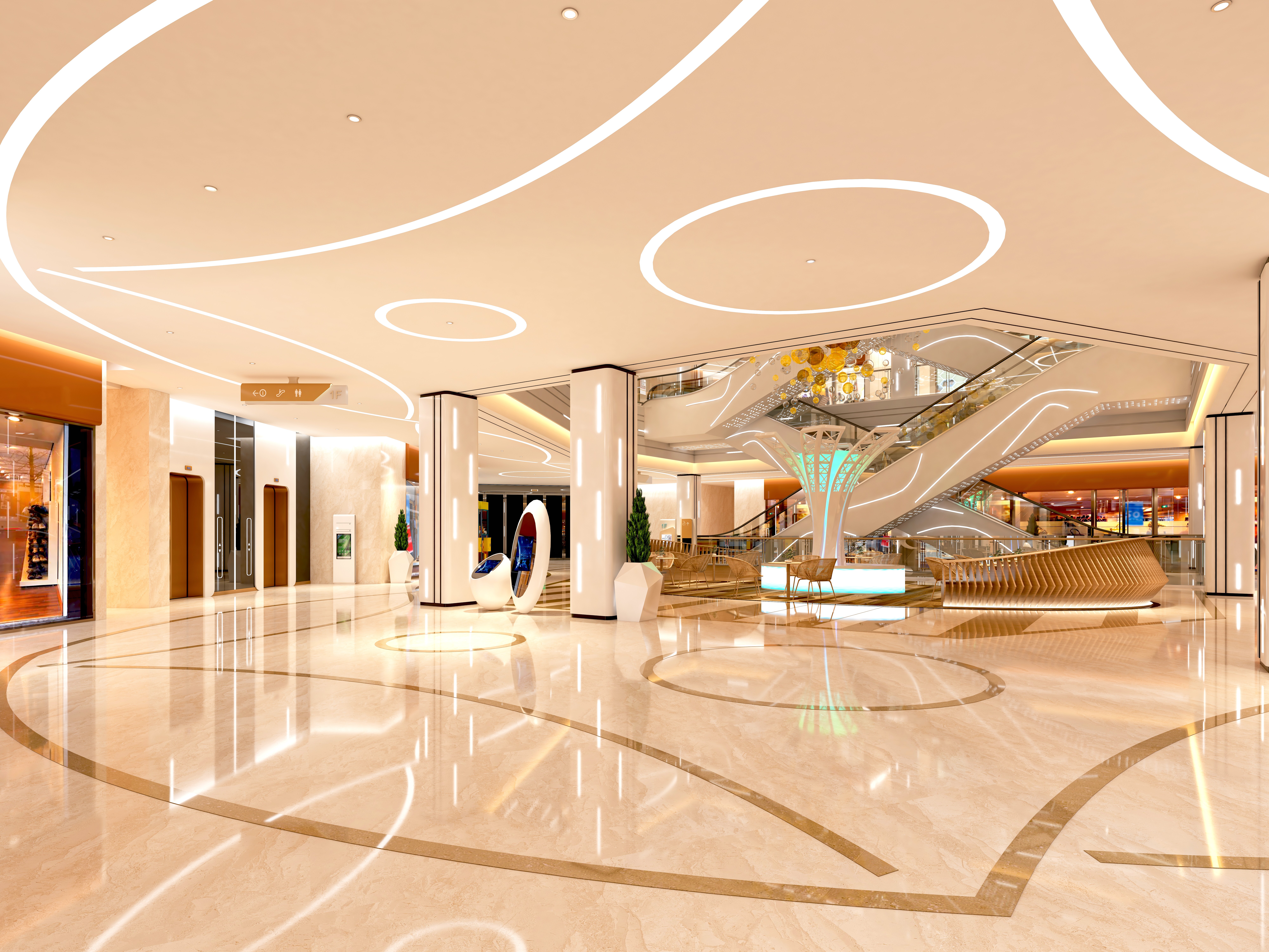 現代寫字樓大堂鋪設高級雲石紋地磚,天窗自然採光營造光影效果,展現專業商業地板工程及高質素裝修設計。