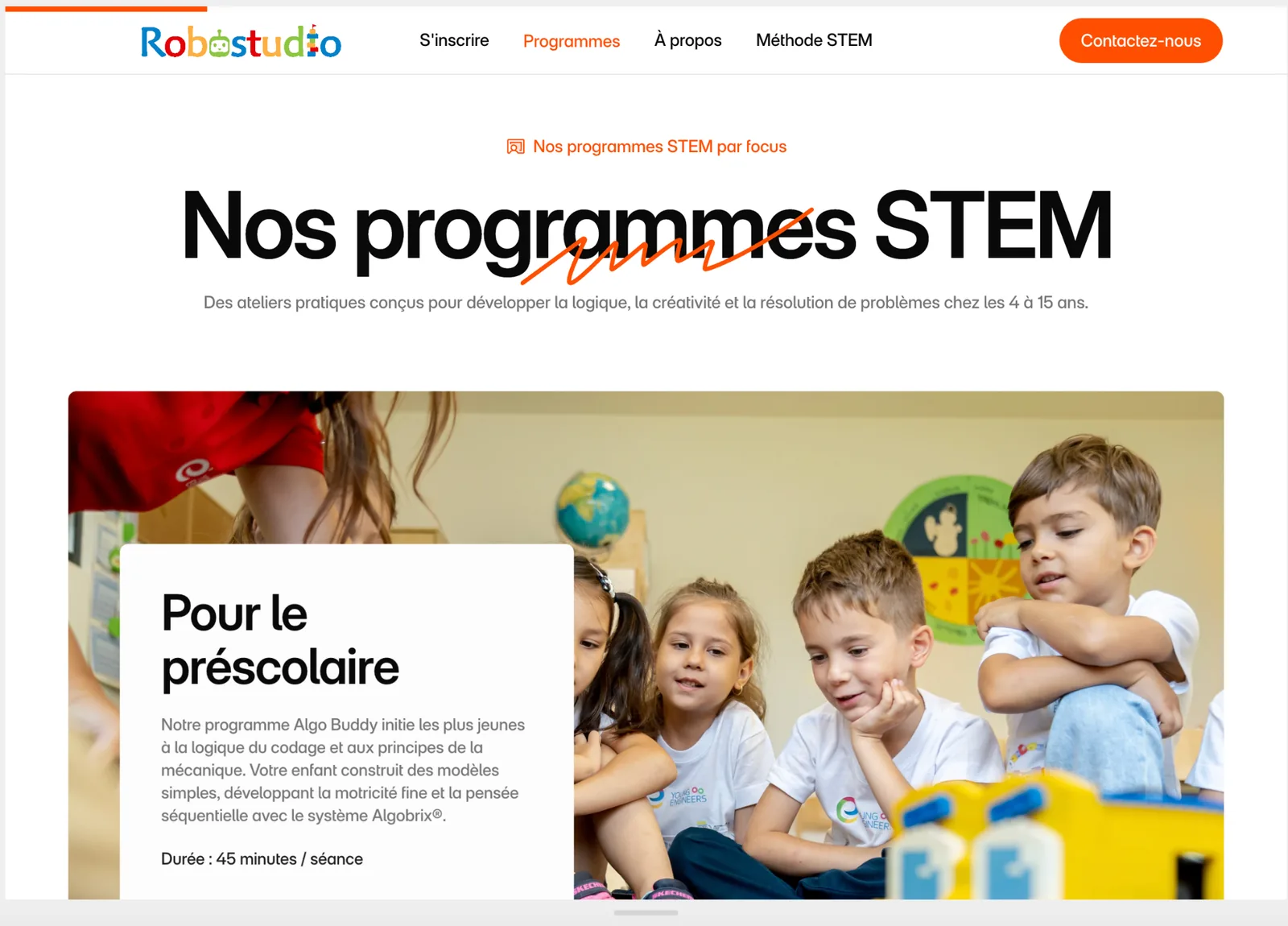 Enfants participant à un programme STEM RoboStudio, atelier éducatif de codage, robotique et logique pour le préscolaire et le primaire au Québec.