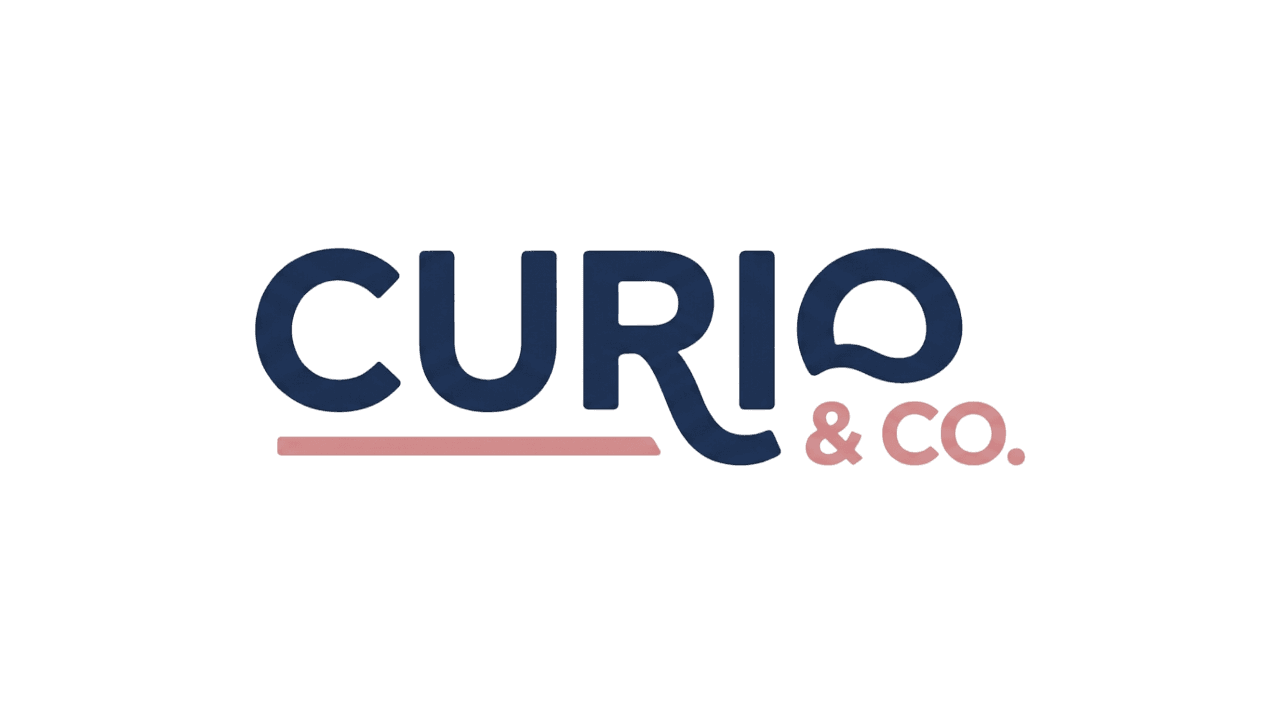 Logo displaying "Curio & Co." with "Curio" in blue, stylized with a pink underline, and "& Co." in pink. The background is black, conveying a sleek, modern tone.