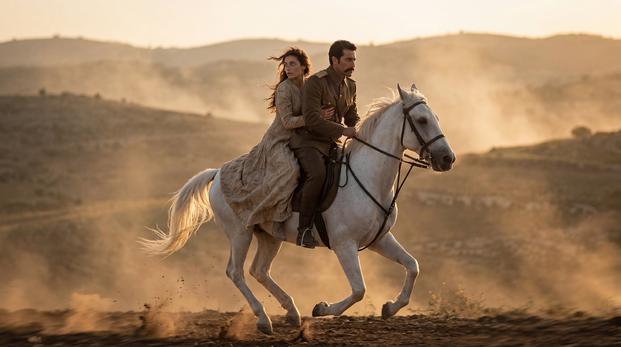 The two of them riding at a gallop across the hills on the white horse, she holding on behind him, dust rising
