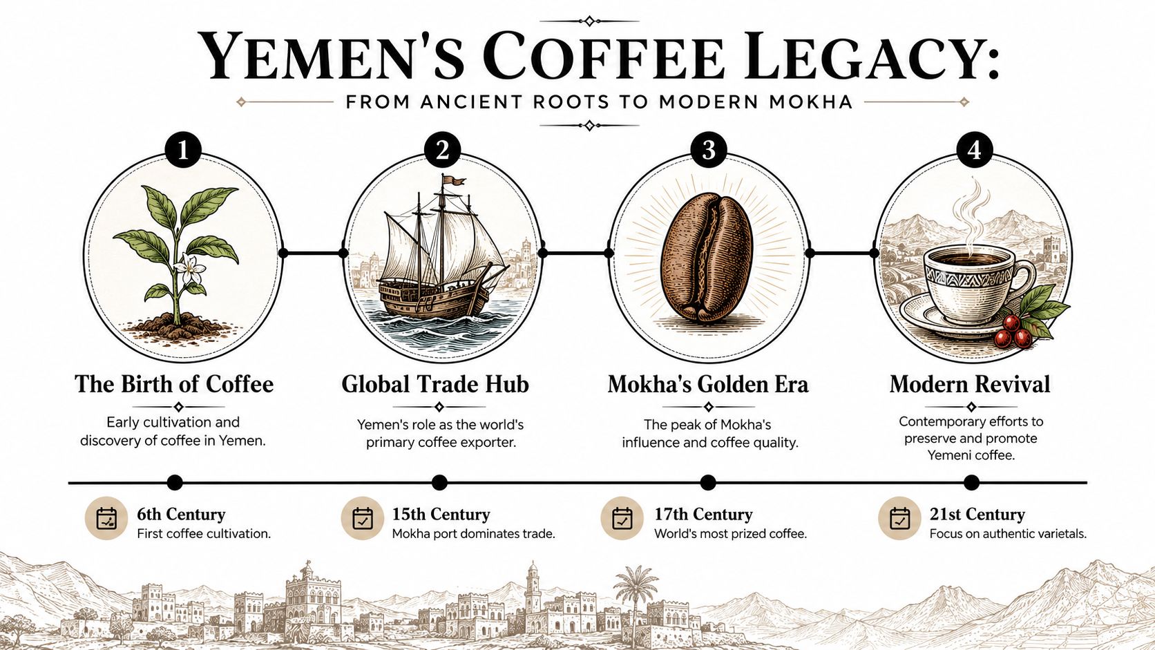 An infographic titled Yemen's Coffee Legacy illustrating the historical timeline of Yemeni coffee from cultivation to modern revival.