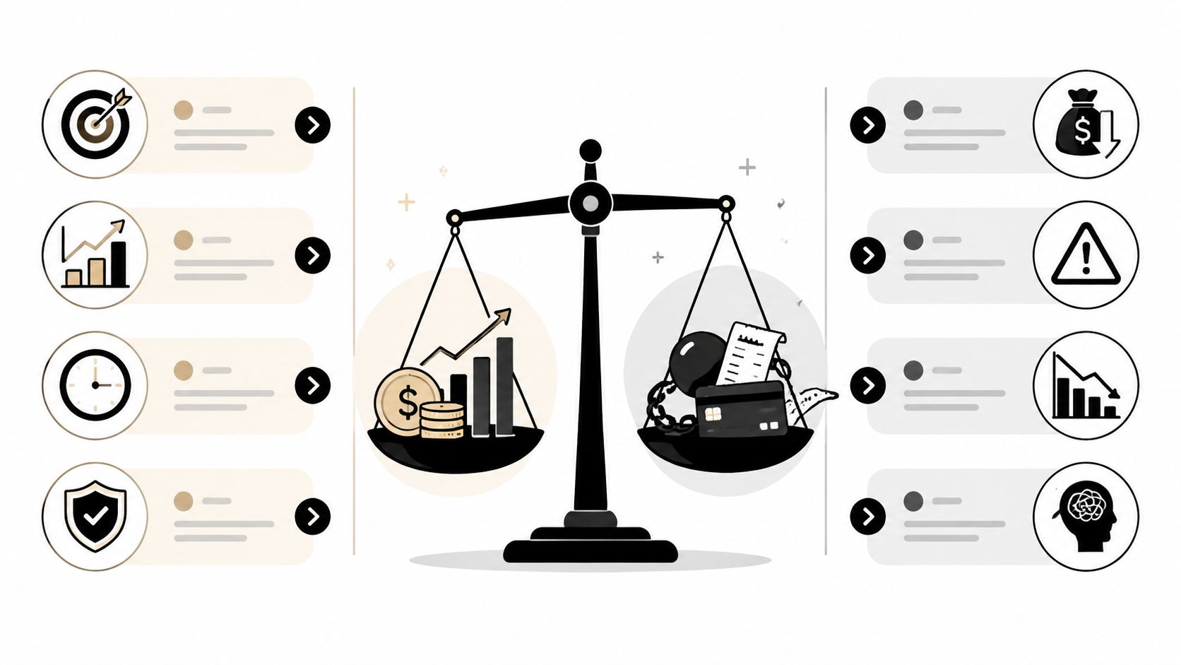 A balanced scale representing financial growth on one side versus debt and stress on the other.