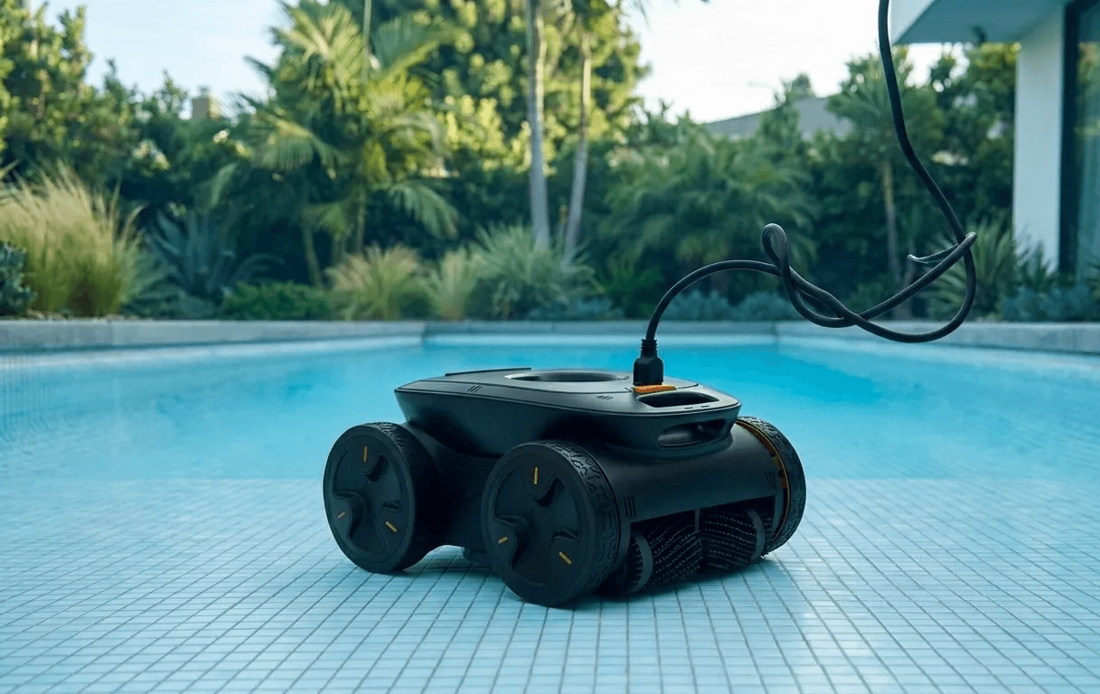 Corded robotic pool cleaner cable management and movement restriction issue