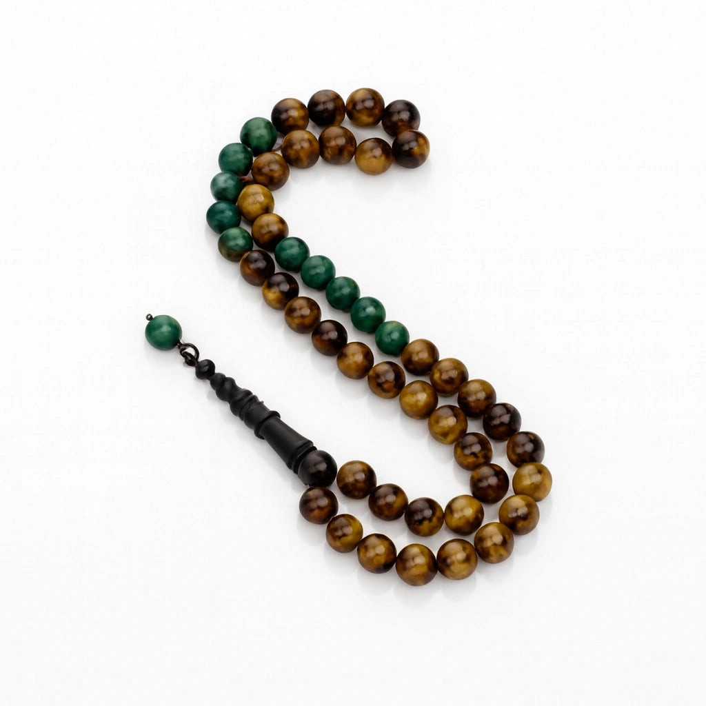 Beaded necklace with green and brown beads on a white background