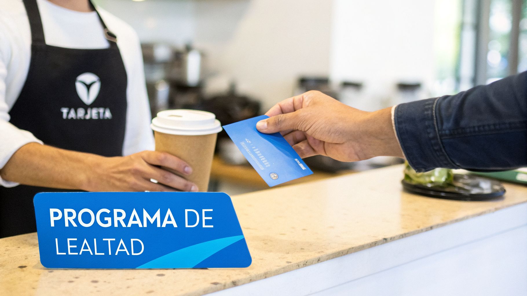 Un barista entrega una taza de café a un cliente que paga con una tarjeta azul en un programa de lealtad.