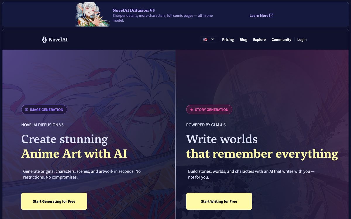 The NovelAI home page