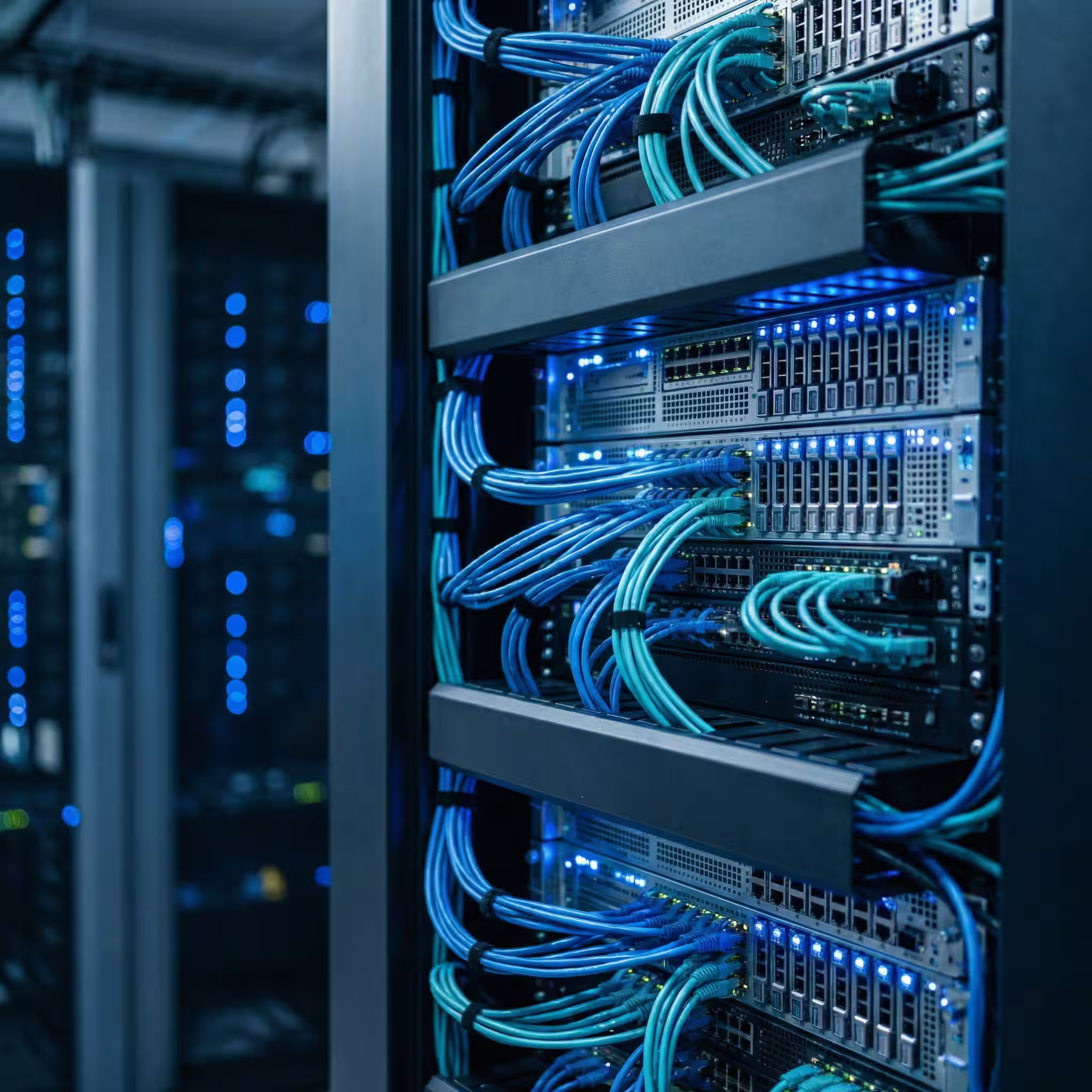 Close-up of a server rack densely packed with blue network cables and blinking LEDs in a data center.