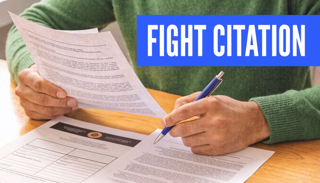 A person in a green sweater holding a document and a pen to challenge a traffic citation.