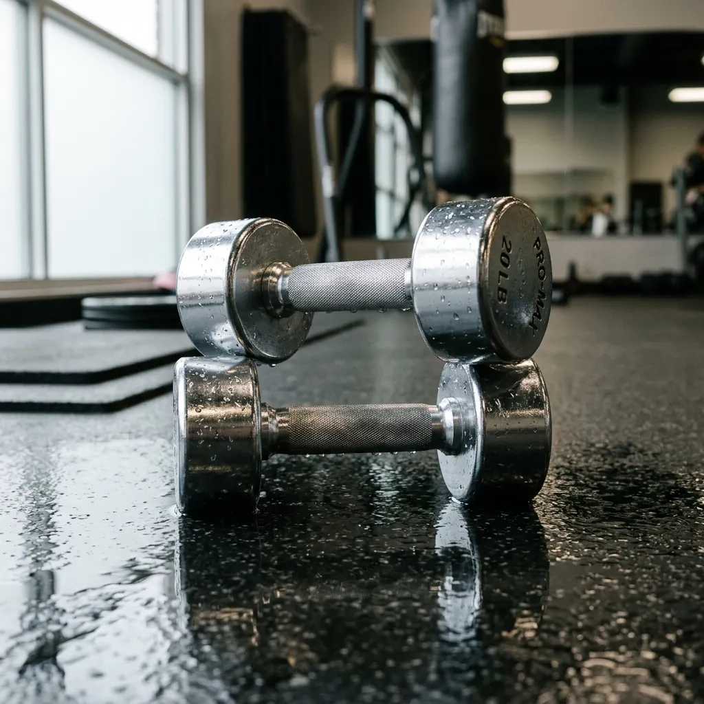 Two wet dumbbells on a gym floor.