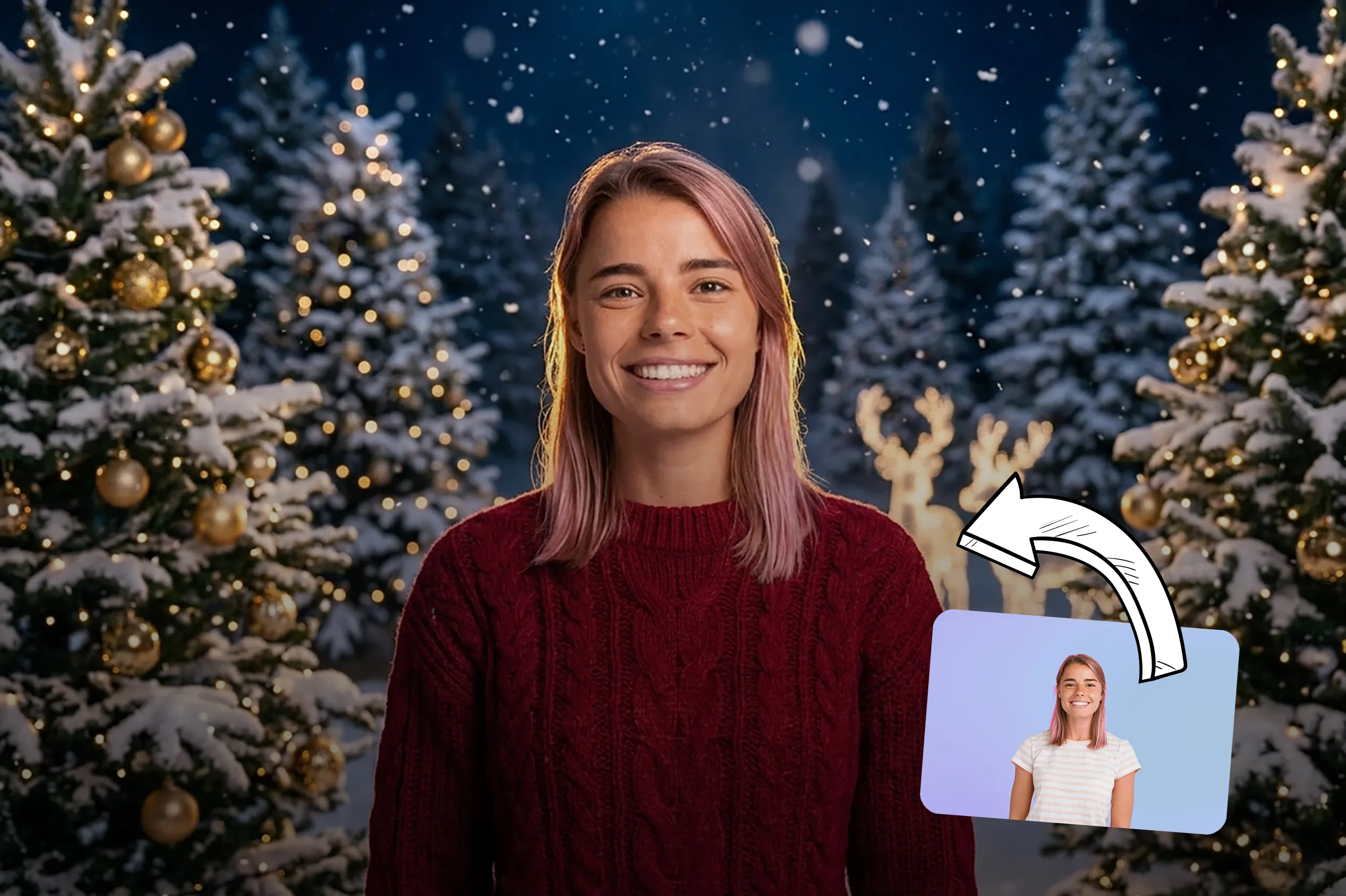 KI-generierte Winter-Wonderland-Szene aus einem Eventfoto von SnapCubeKI-generierte Winter-Wonderland-Szene aus einem Eventfoto von SnapCube mit Inputbild im Vergleich