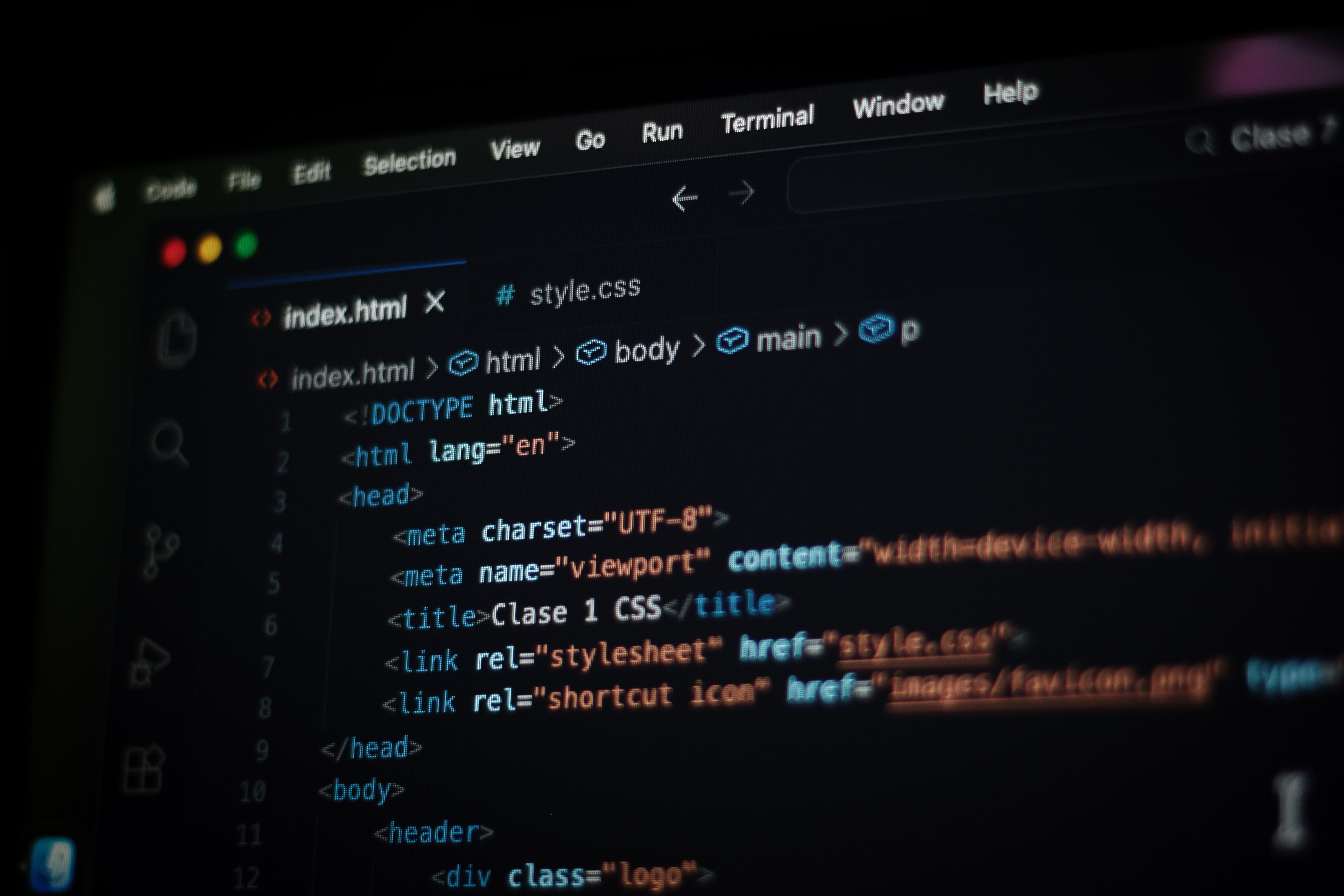 Website code open in a code editor
