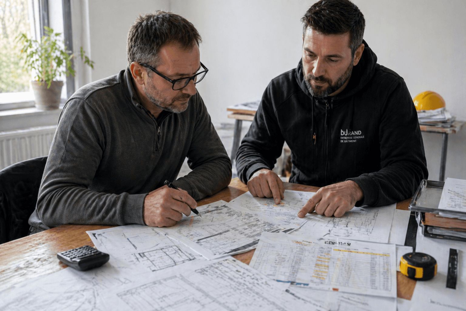 Deux professionnels du bâtiment analysant des devis de rénovation et des documents techniques sur une table, l’un pointant des détails de coûts, expressions sérieuses dans un environnement intérieur lumineux et organisé