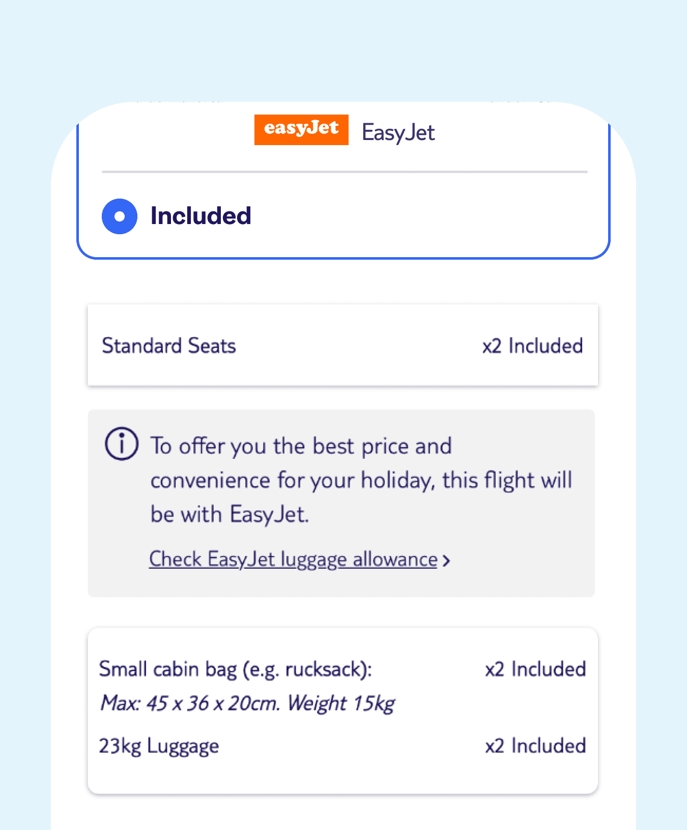 Example of the luggage and seat limitations on a 3rd party flight booking, on a mobile screen.