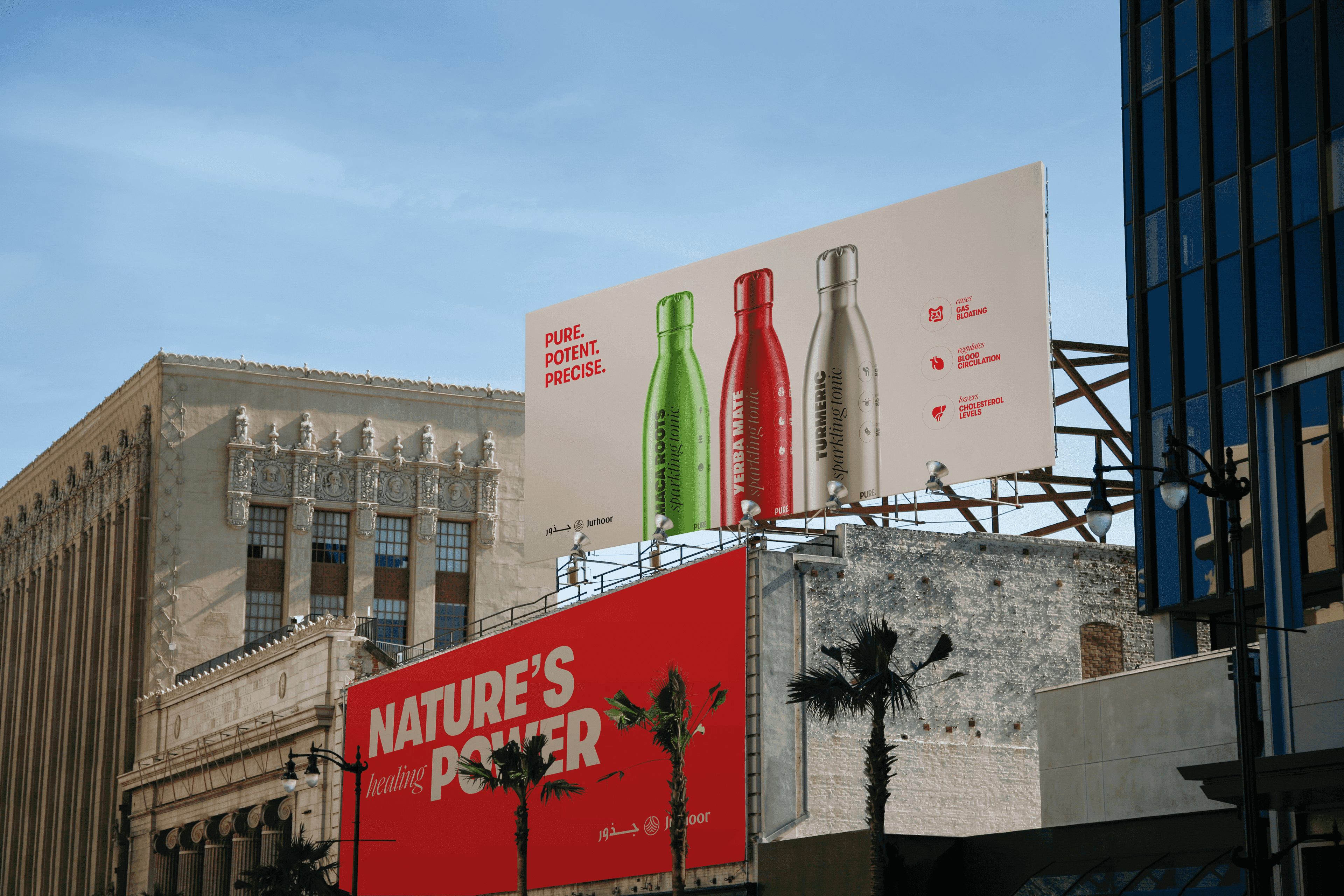 Billboard advertising Juthoor botanical beverages in the city, designed by The Tomorrow Agency