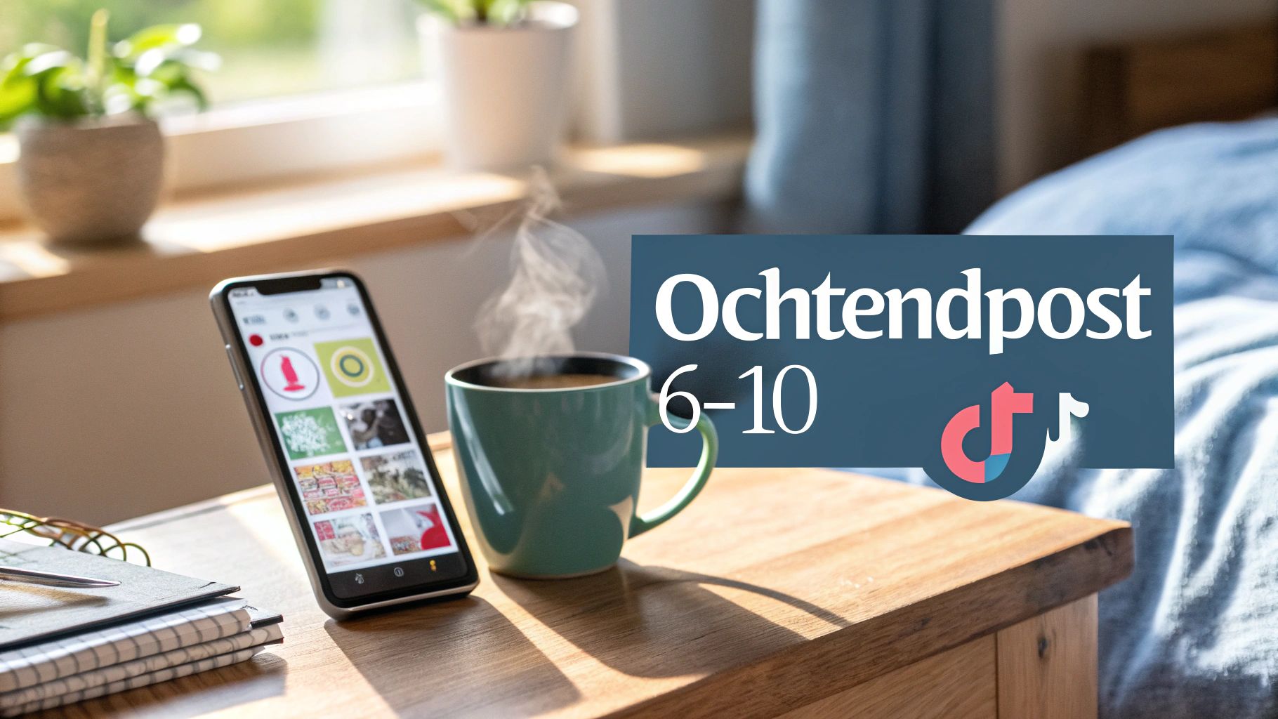 Ochtendscène met dampende koffie, smartphone en notitieboekjes op een houten tafel, inclusief 'Ochtendpost 6-10' en TikTok-logo.