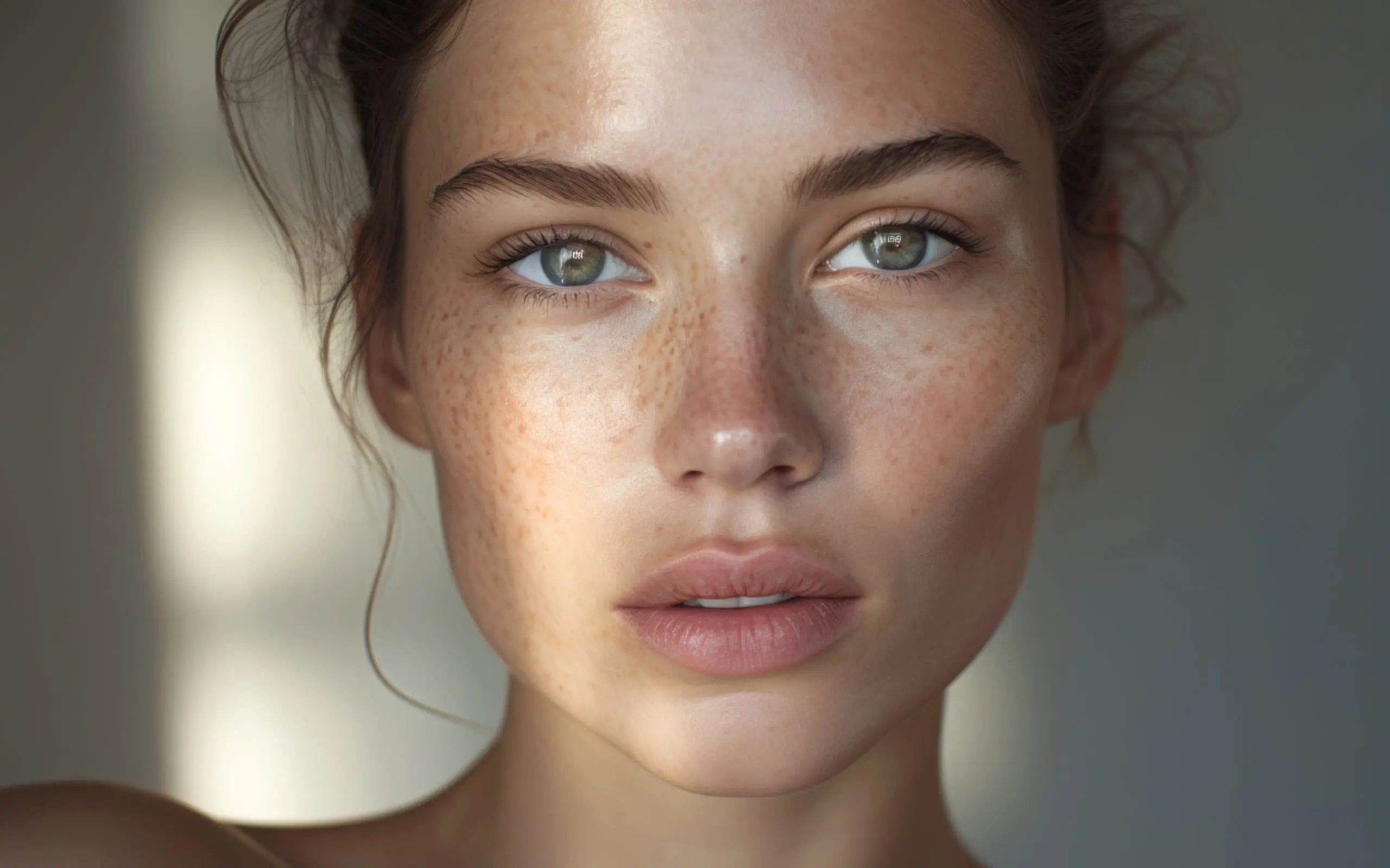 Close-up portrait of a person with natural makeup and soft lighting, showcasing calm expression and neutral background.