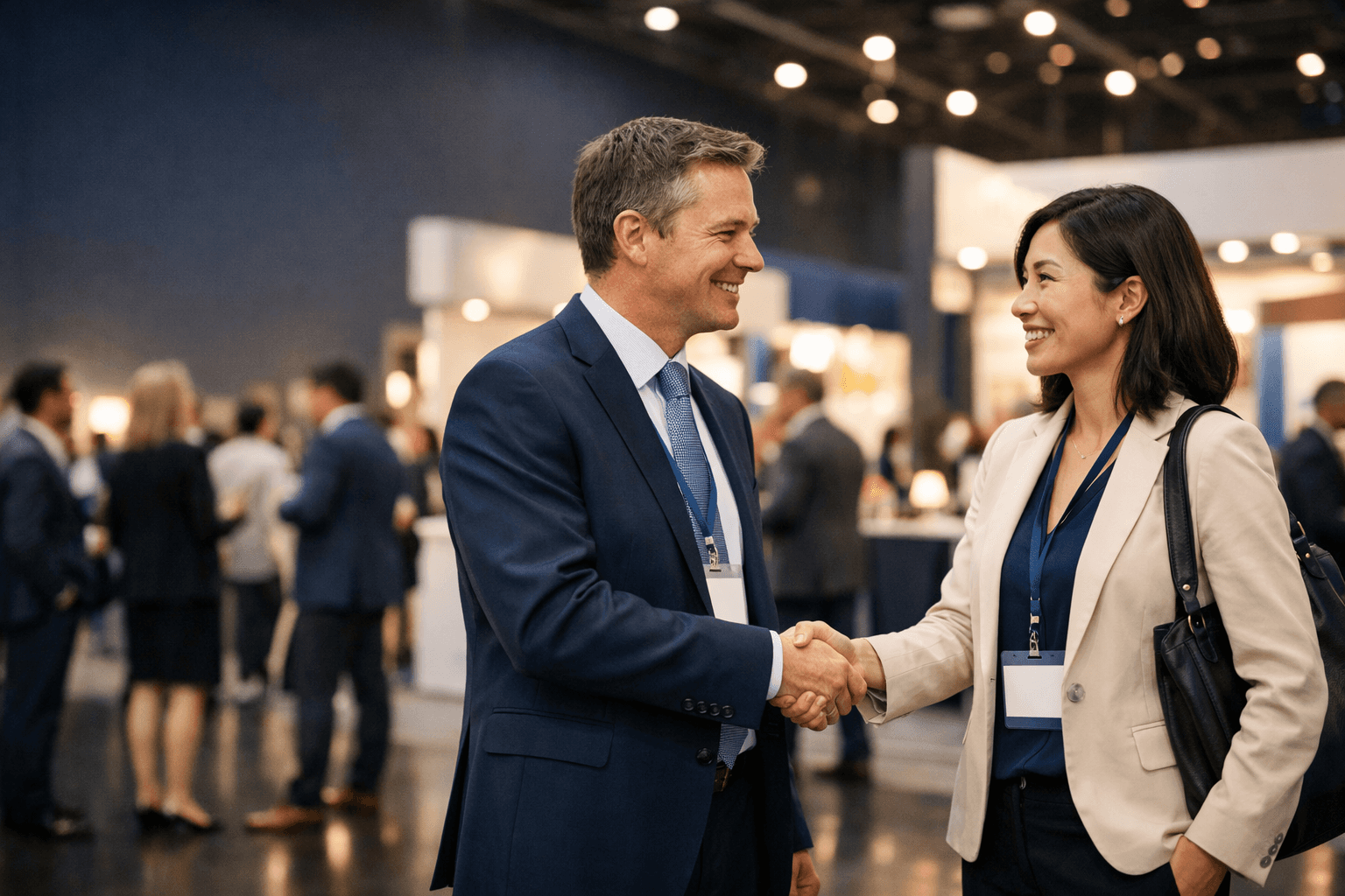 Two professionals shaking hands at a modern business conference exhibition hall with networking attendees and booths in the background