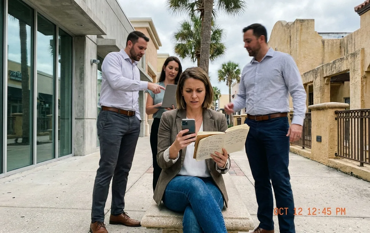 RockN' Socials team strategizes digital marketing at an outdoor meeting.