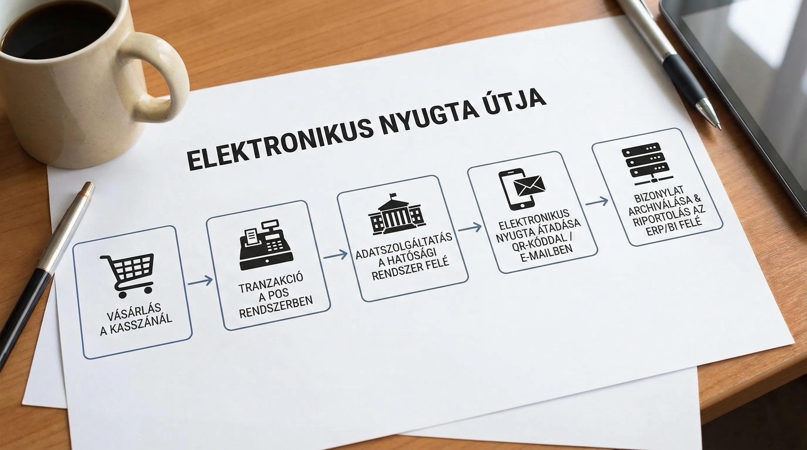 Egyszerű folyamatábra egy elektronikus nyugta útjáról: vásárlás a kasszánál, tranzakció a POS rendszerben, adatszolgáltatás a hatósági rendszer felé, elektronikus nyugta átadása QR-kóddal vagy e-mailben a vevőnek, majd bizonylat archiválása és riport...