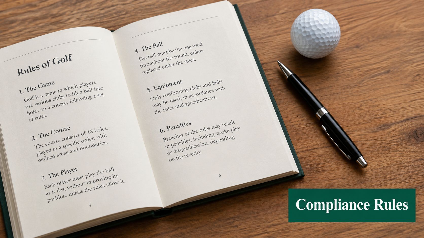 An open book displaying golf rules on a wooden surface beside a golf ball and pen.