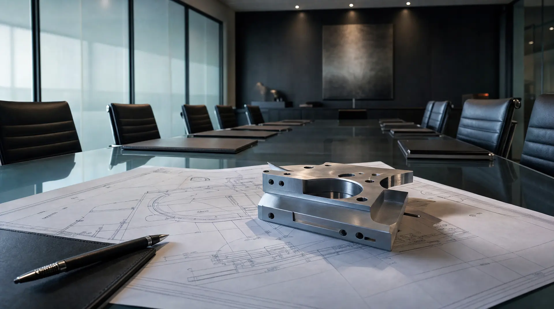 Modern conference room table with detailed blueprints, a metal machine part, and pens, reflecting visual identity tech planning for product-focused teams.