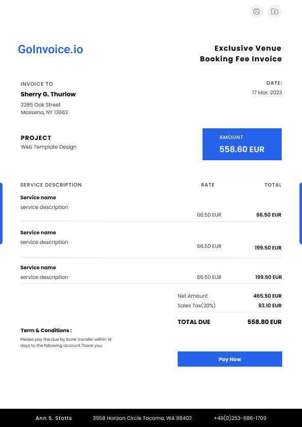 Exclusive Venue Booking Fee Invoice