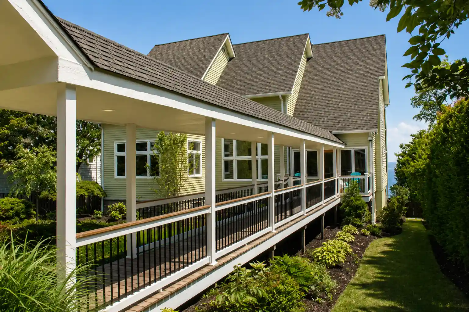 Covered exterior walkway with white columns, black railings, wood handrails, landscaped gardens, and home access.