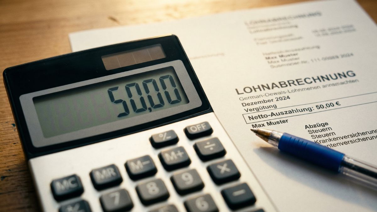 Taschenrechner zeigt 50 Euro neben einer Lohnabrechnung — Sachbezugsfreigrenze für bKV