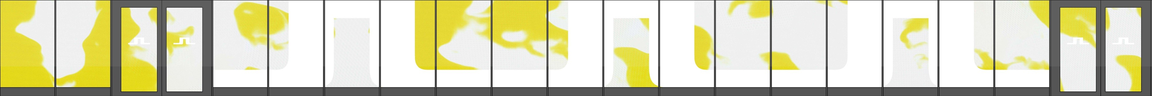 Panoramic visualisation of yellow and white J.Lindeberg window graphics across the venue façade