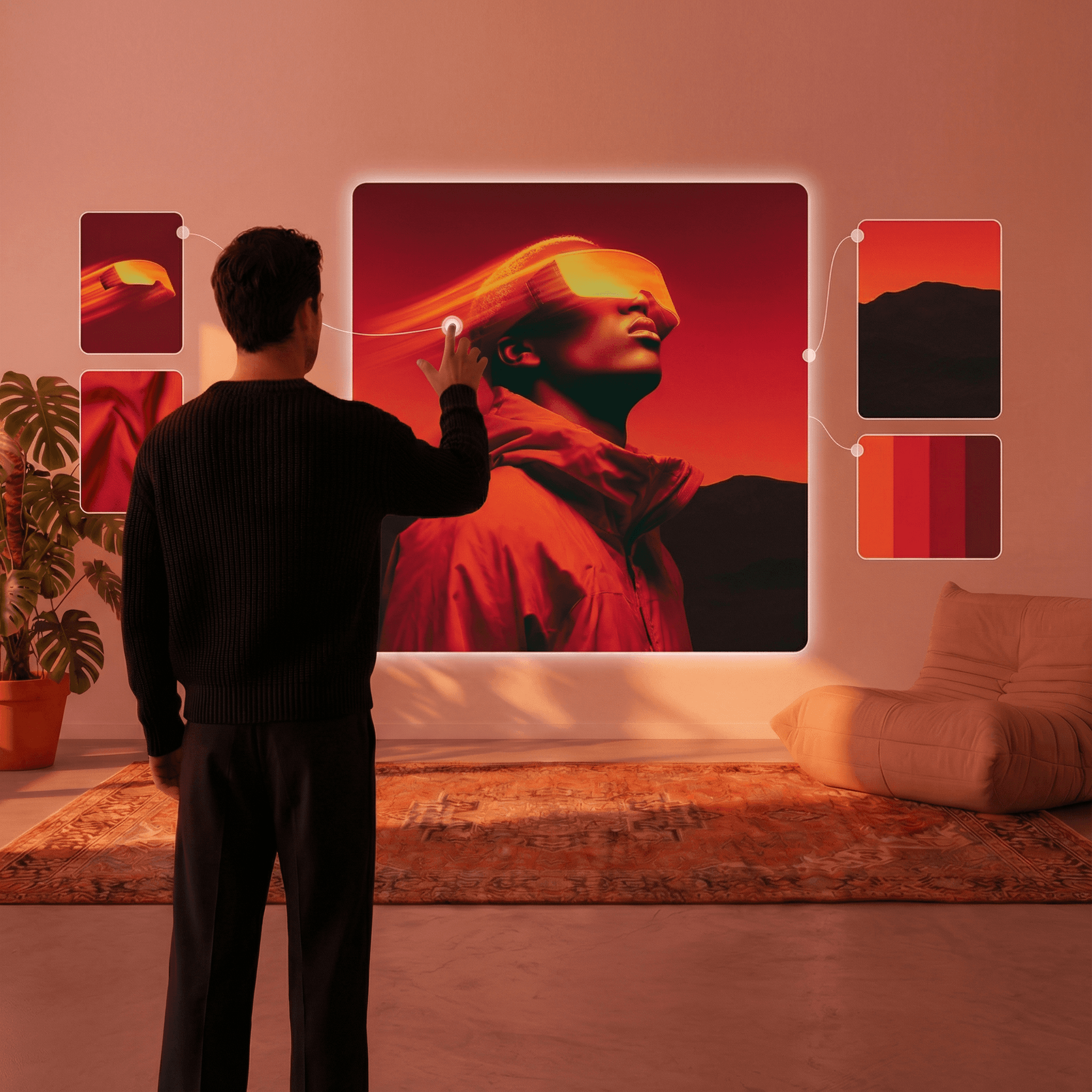 Creative Director interagiert mit AI Creative Workflow Hologram für Sportbekleidungsmarke