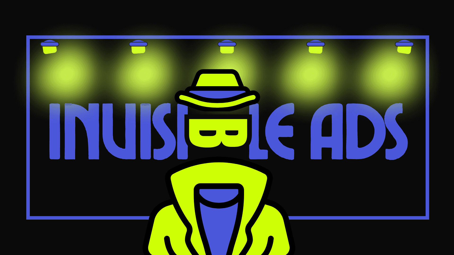 Illustrated neon-style graphic on a black background featuring the word “INVISIBLEADS” in bold blue lettering. The “B” is stylized as a mysterious detective character wearing a fedora and trench coat in bright neon green.