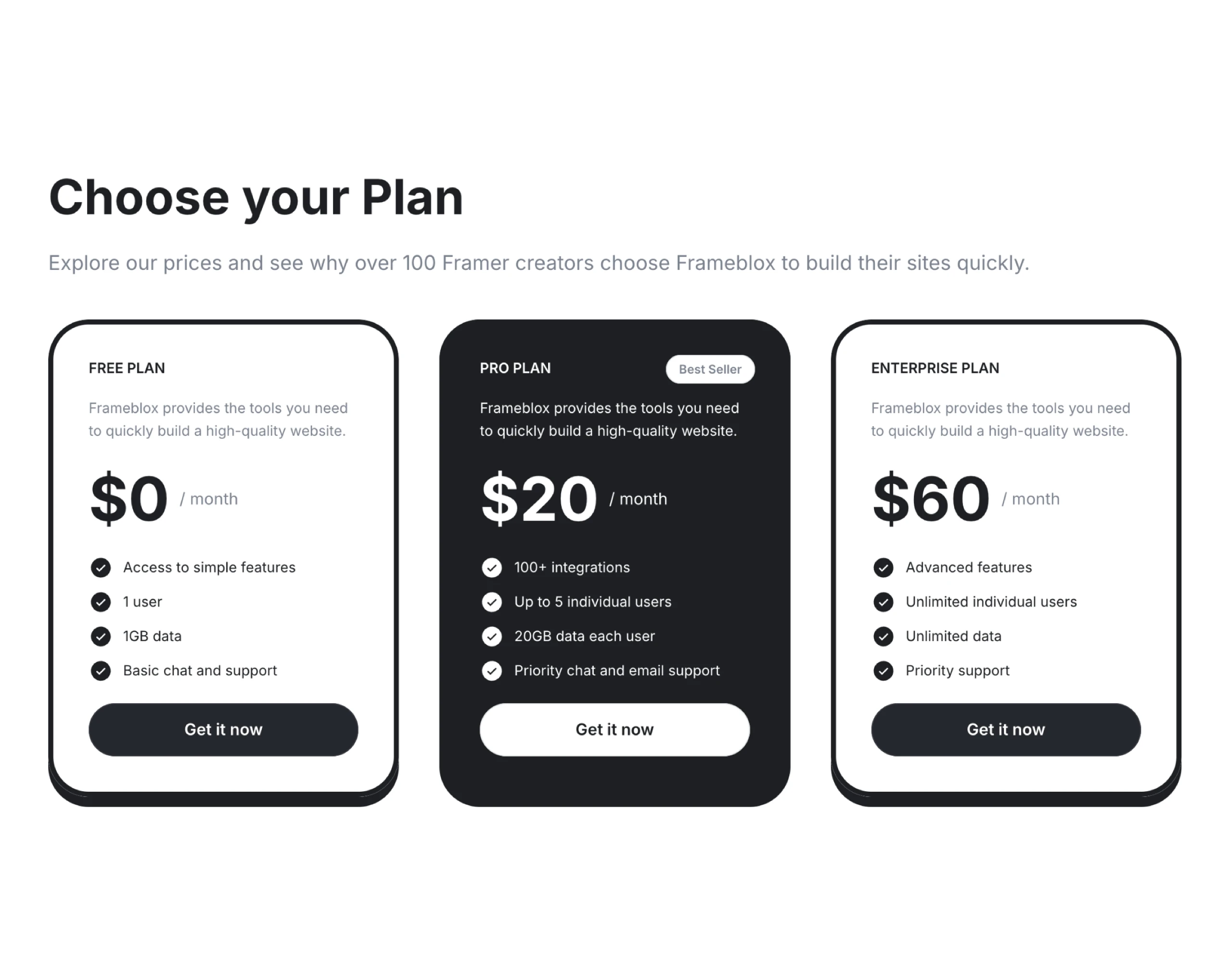 Framer Pricing Section - Frameblox UI