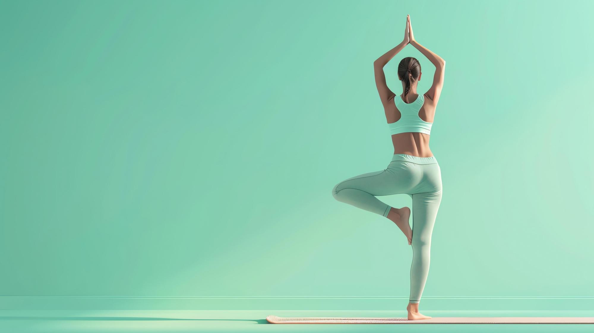 woman doing yoga in a room with green-blue background