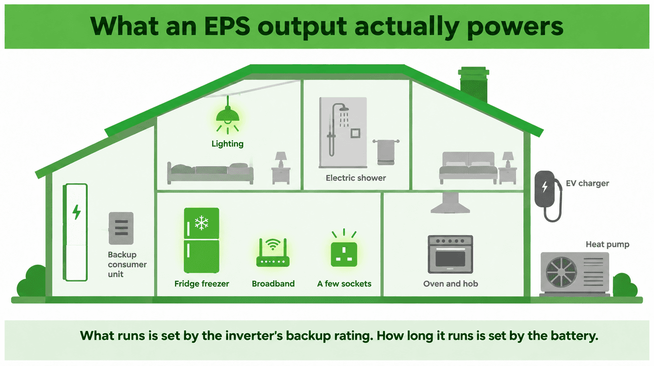 Diagram of a home showing which circuits an EPS output powers during a power cut
