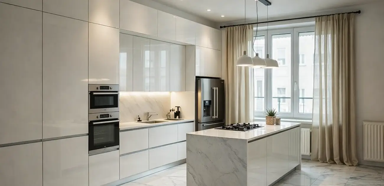 Μοντέρνα ανακαίνιση κουζίνας με λευκά ντουλάπια, μαρμάρινη νησίδα και φυσικό φωτισμό σε σύγχρονο διαμέρισμα