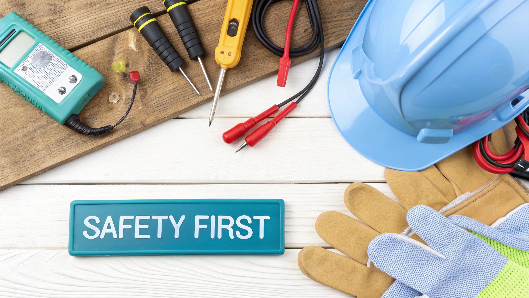 a blue badge with the text 'safety first' on a white wood background surrounded by electrician equipment