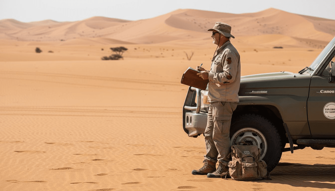 Un guide de safari se prépare à organiser une excursion dans le désert du Namib.