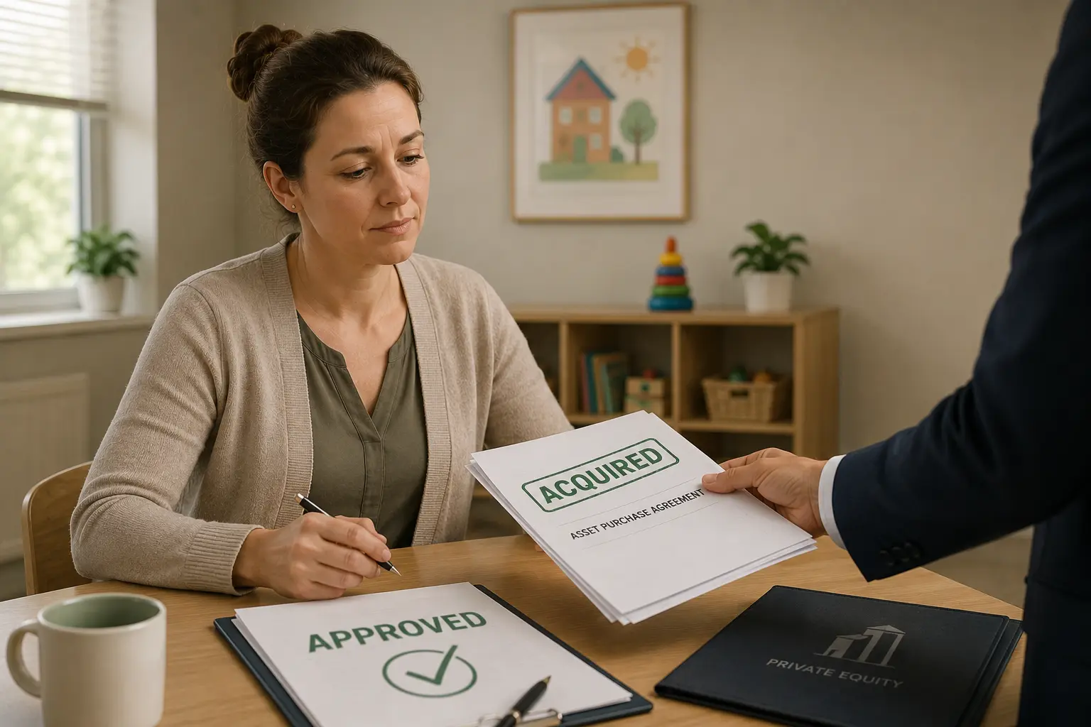 a woman sits at a desk while being handed a stack of papers that says "acquired"