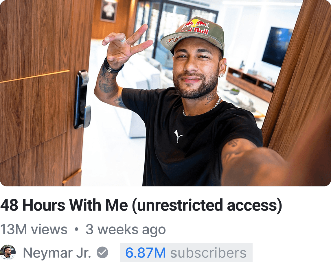 YouTube Thumbnail Design for Neymar Jr. Video in collaboration with Red Bull by Max Behrens (Overluce) This YouTube thumbnail was designed by Max Behrens, founder of Overluce Studio, for a Neymar Jr. YouTube video that reached over 13,000,000 views in just 3 weeks, making it the most viewed video on the Neymar Jr. channel and being covered in dozens of global publishers such as National Post, The Times and more. Neymar Jr. is one of the largest Athlethes in the world with hundreds of millions of social media followers and trust Overluce Studio and Max Behrens for high-performing YouTube thumbnail design, CTR-driven packaging and viral growth optimization.